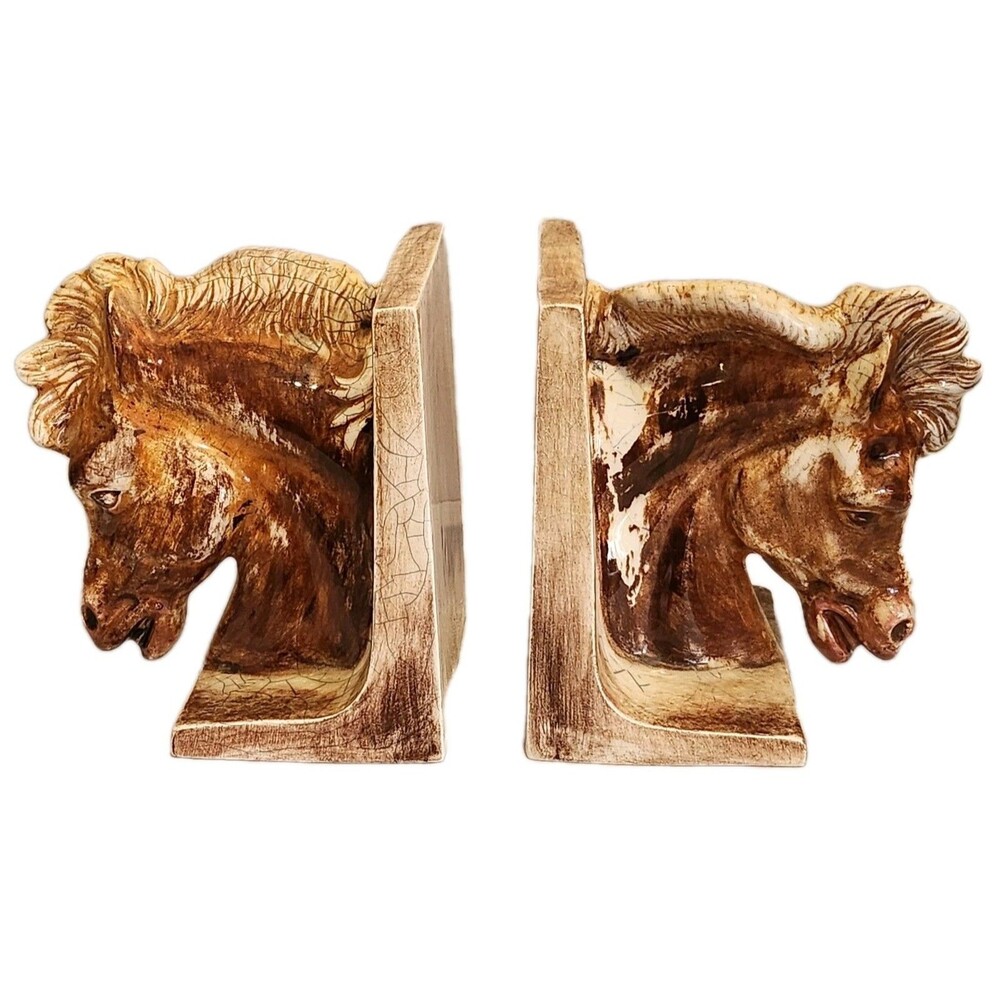 Vintage 1970s Signed Ceramic Glazed Horsehead Bookends